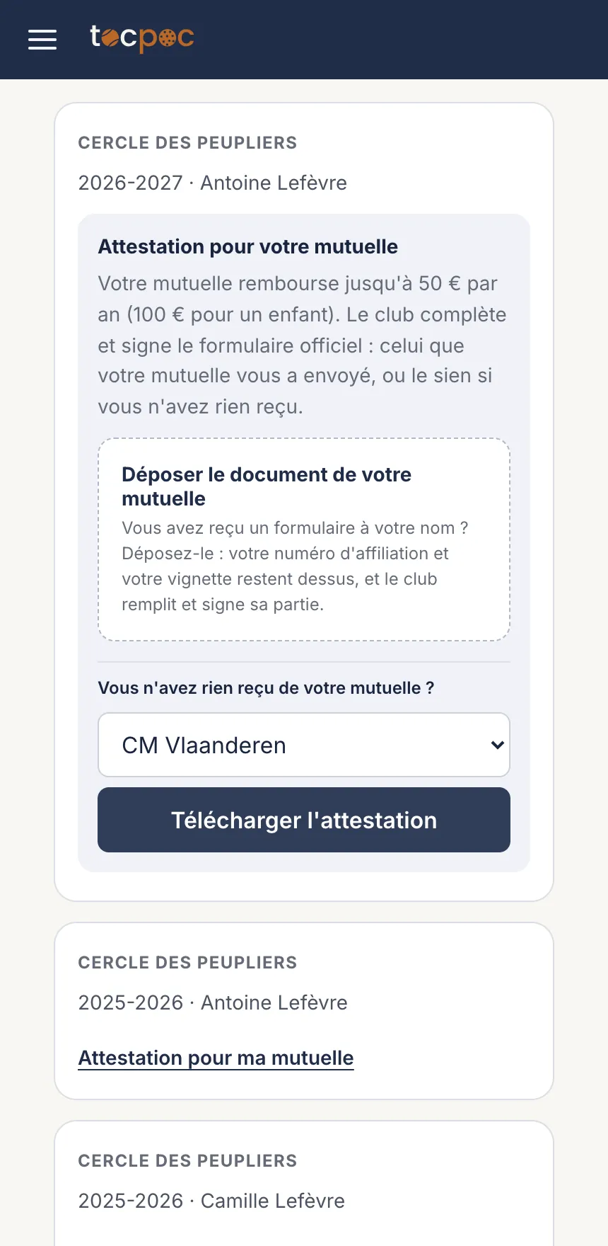 Le panneau «&nbsp;Attestation pour votre mutuelle&nbsp;» ouvert dans la carte&nbsp;: la zone «&nbsp;Déposer le document de votre mutuelle&nbsp;», puis la liste des mutuelles et le bouton «&nbsp;Télécharger l’attestation&nbsp;»