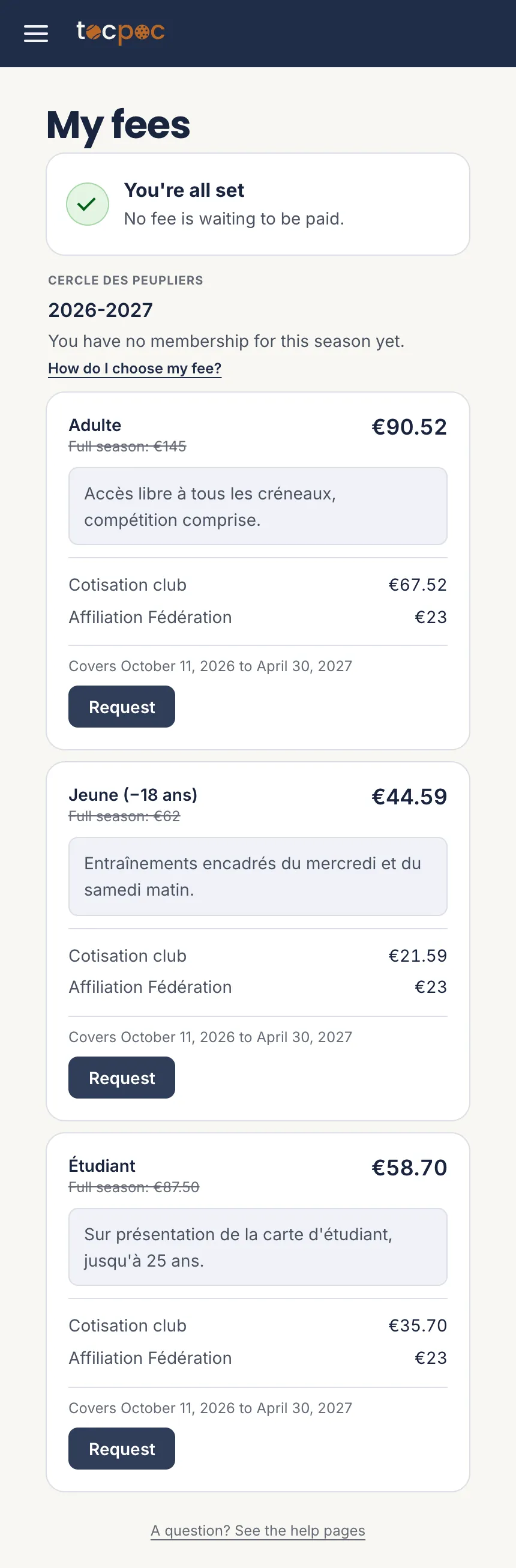 A member’s space with no fee&nbsp;: the rates on offer, each with its prorated price, the struck-through full-season price, the detail of the lines and the period covered