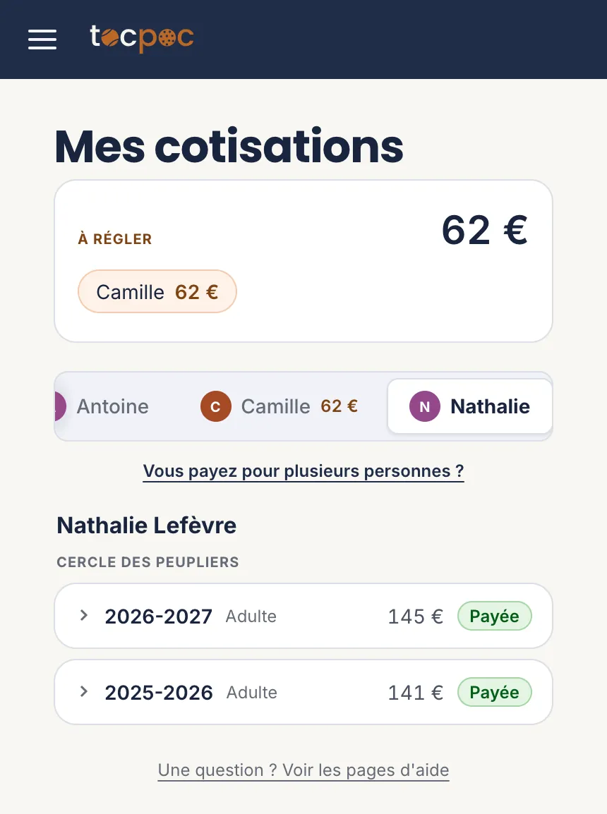 L’écran «&nbsp;Mes cotisations&nbsp;» avec les onglets Antoine, Camille et Nathalie, et les cotisations de la personne choisie, saison par saison