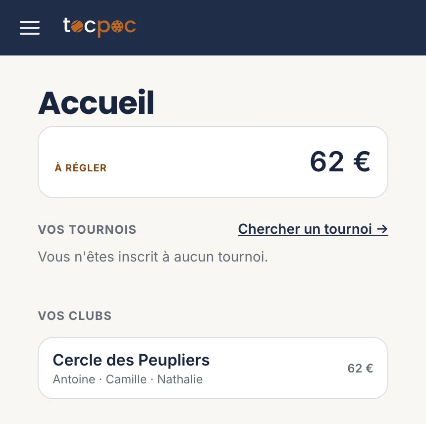 L’accueil de Mon espace&nbsp;: «&nbsp;À régler 62 €&nbsp;», puis le club avec les prénoms de la famille et le montant dû