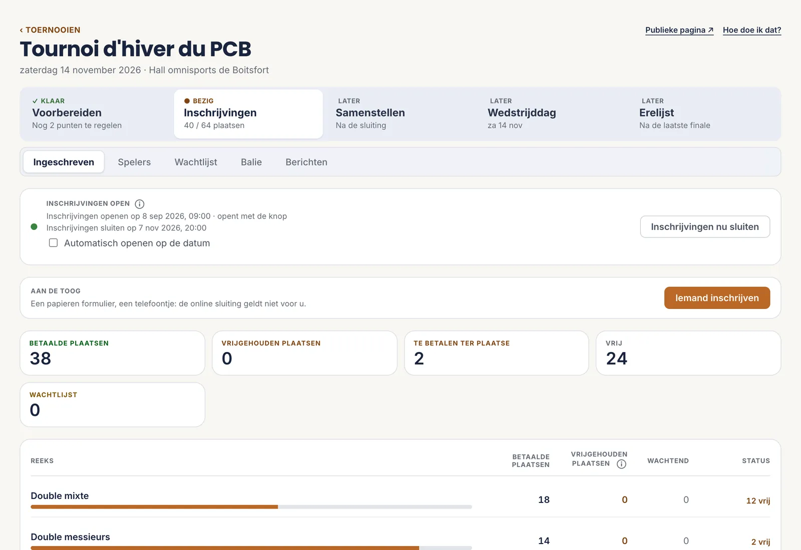 Het tabblad Ingeschreven: de kaart Inschrijvingen open met de data en de knop Inschrijvingen nu sluiten, daaronder de tellers van de plaatsen