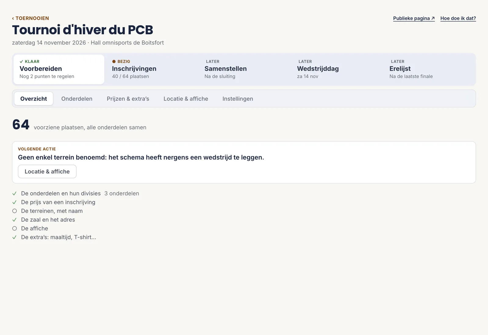 Het overzicht van een toernooi: de vijf fasen bovenaan, de volgende actie, en de lijst van zes punten om voor te bereiden