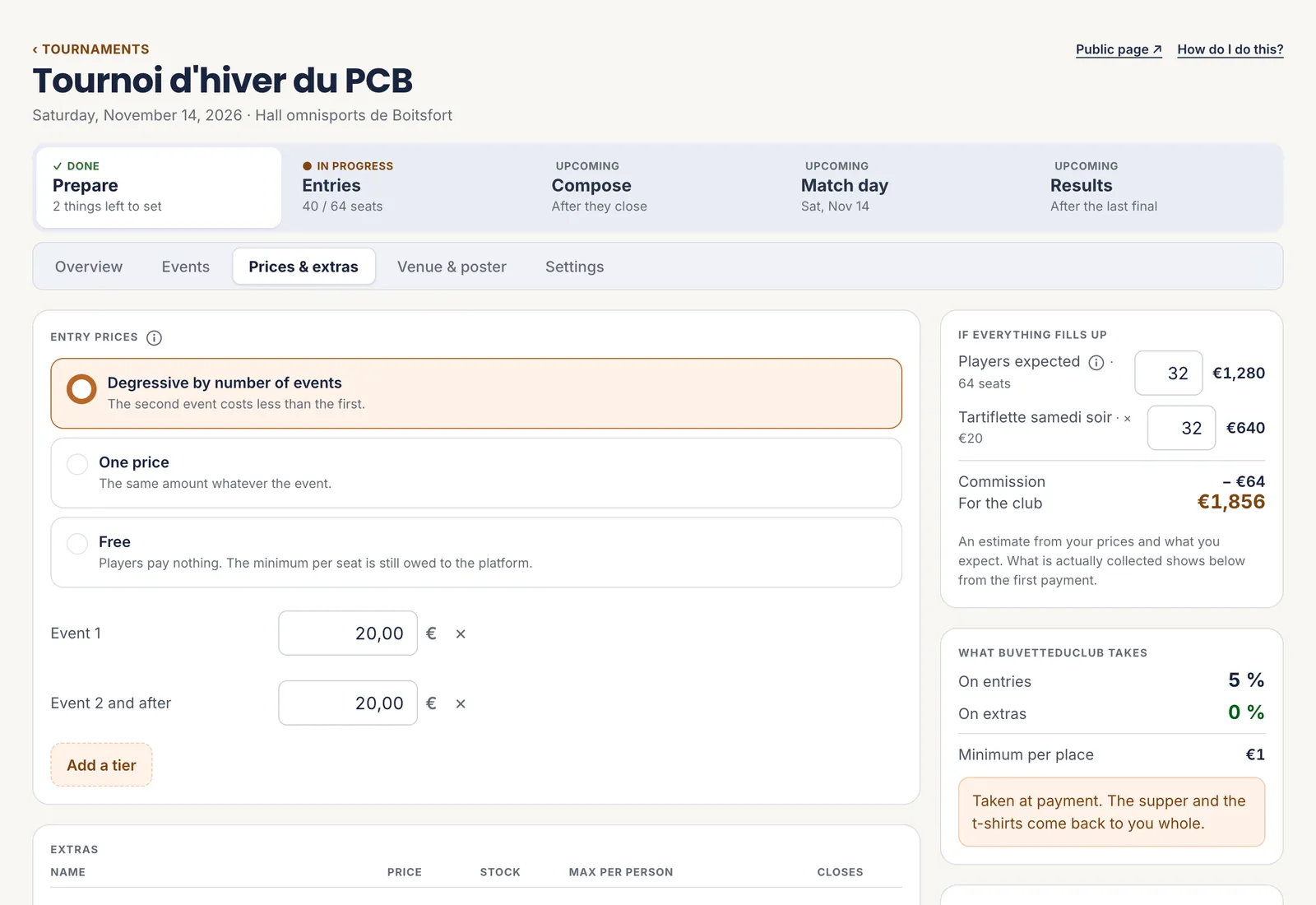 The Prices and extras tab: degressive pricing selected with two steps, and on the right the estimate if everything fills up and the commission