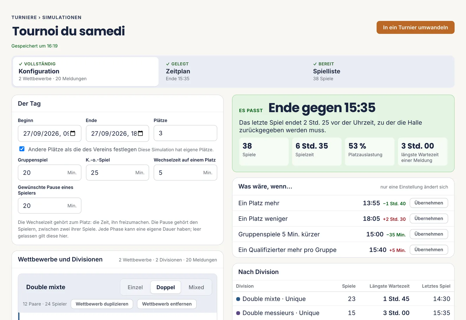 Die Einrichtung einer Simulation: links der Tag und seine Zeiten, rechts das Ergebnis, darunter die Wettbewerbe