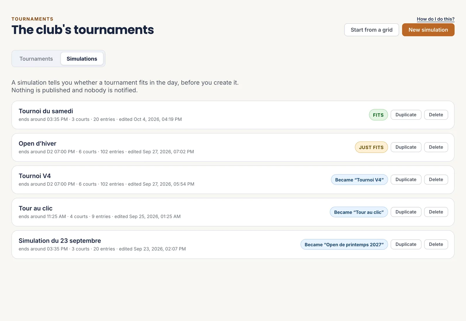The Simulations tab: five simulations, each with its finishing time, its verdict and the Duplicate and Delete buttons