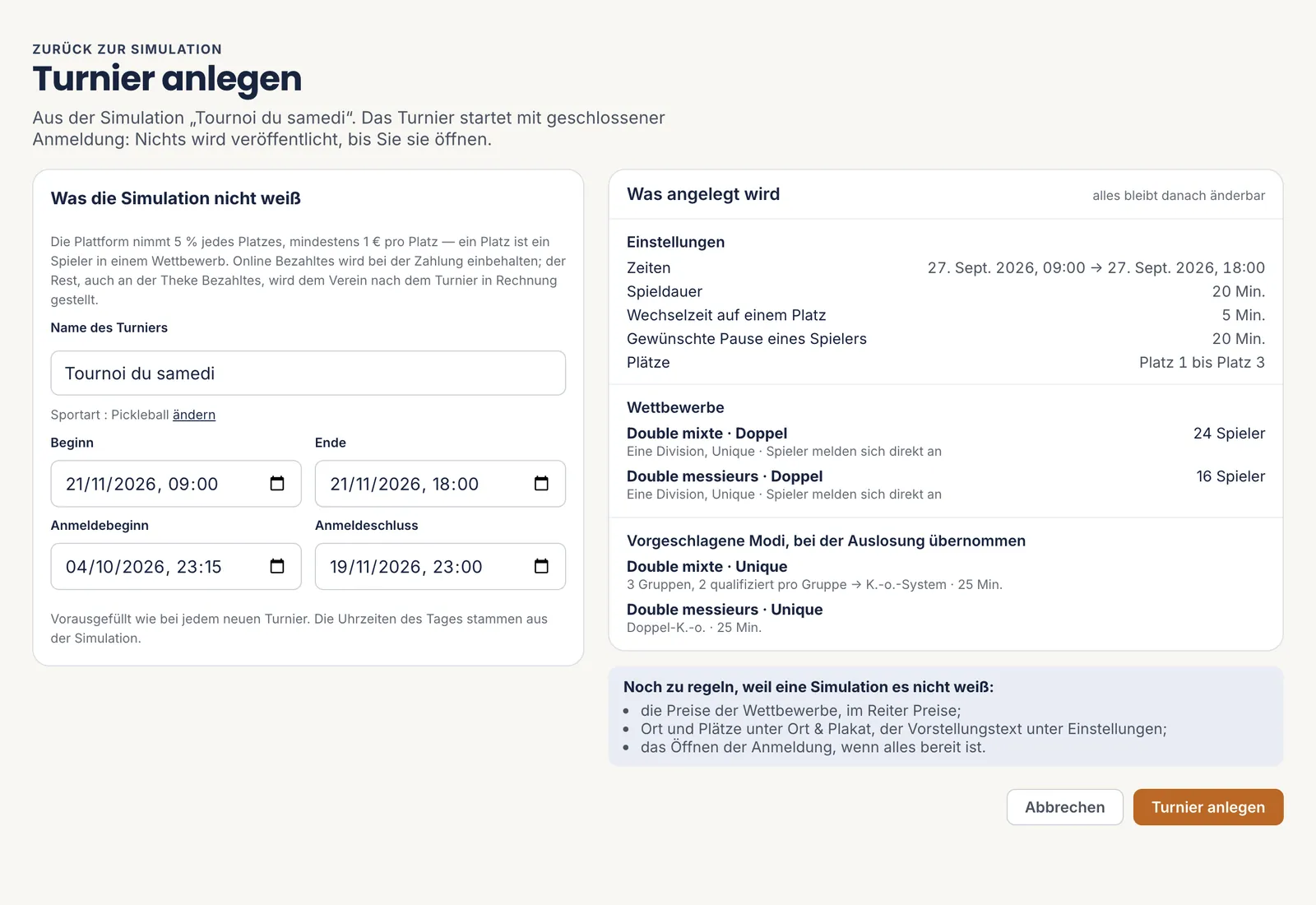 Die Seite Turnier anlegen: links die Daten, rechts was angelegt wird, und die Liste dessen, was noch einzustellen bleibt