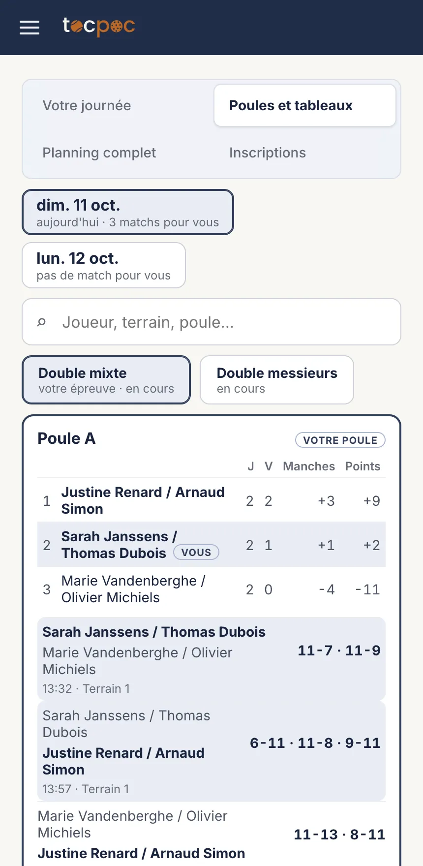 L’onglet «&nbsp;Poules et tableaux&nbsp;»&nbsp;: la recherche d’un joueur, le choix de l’épreuve et la poule A, marquée «&nbsp;votre poule&nbsp;», avec son classement et ses matchs
