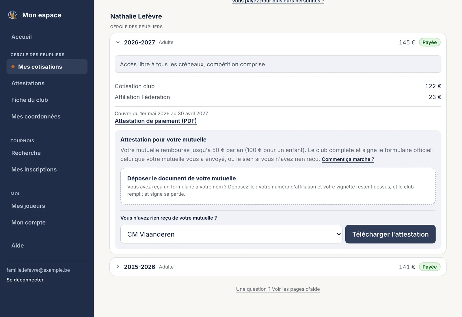 L'espace d'un membre&nbsp;: ses cotisations saison par saison et le formulaire de mutuelle à télécharger, déjà complété par le club