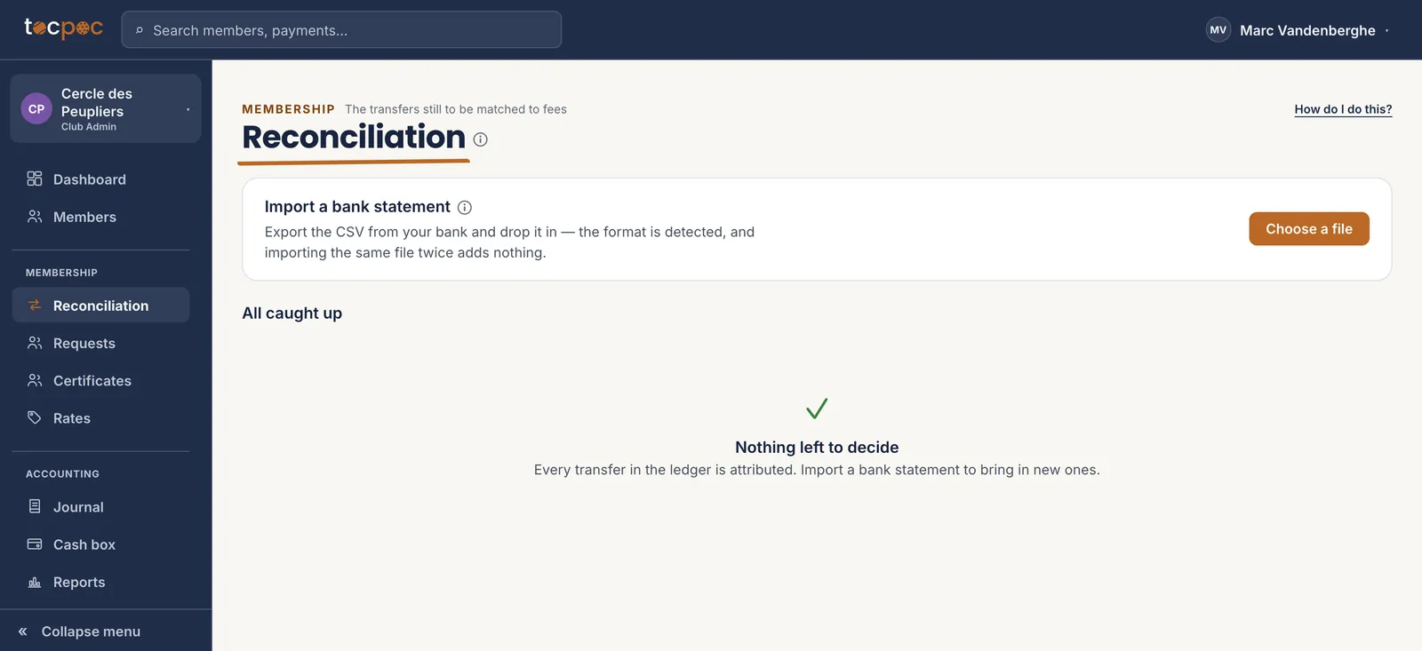 The Reconciliation screen&nbsp;: the block for importing a bank statement, and below it the payments to check