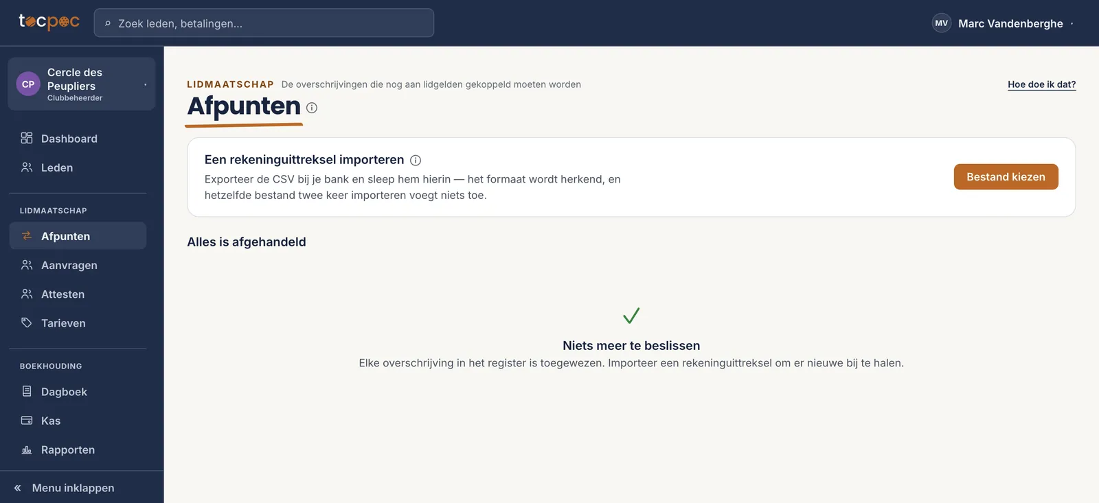 Het scherm Afpunten&nbsp;: het blok om een rekeninguittreksel te importeren, en daaronder de betalingen om na te kijken