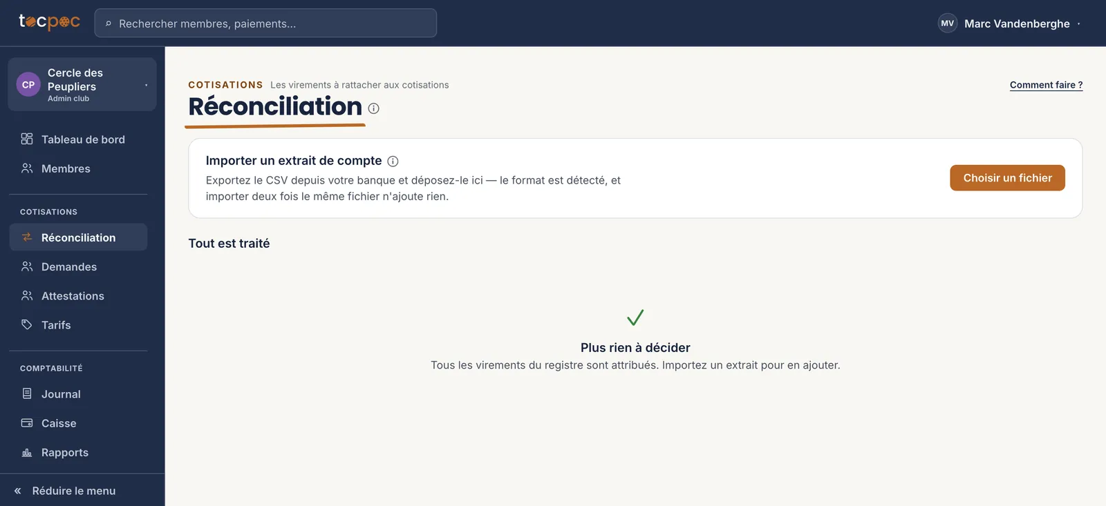 L’écran Réconciliation&nbsp;: le bloc d’import d’un extrait de compte, et en dessous les paiements à vérifier