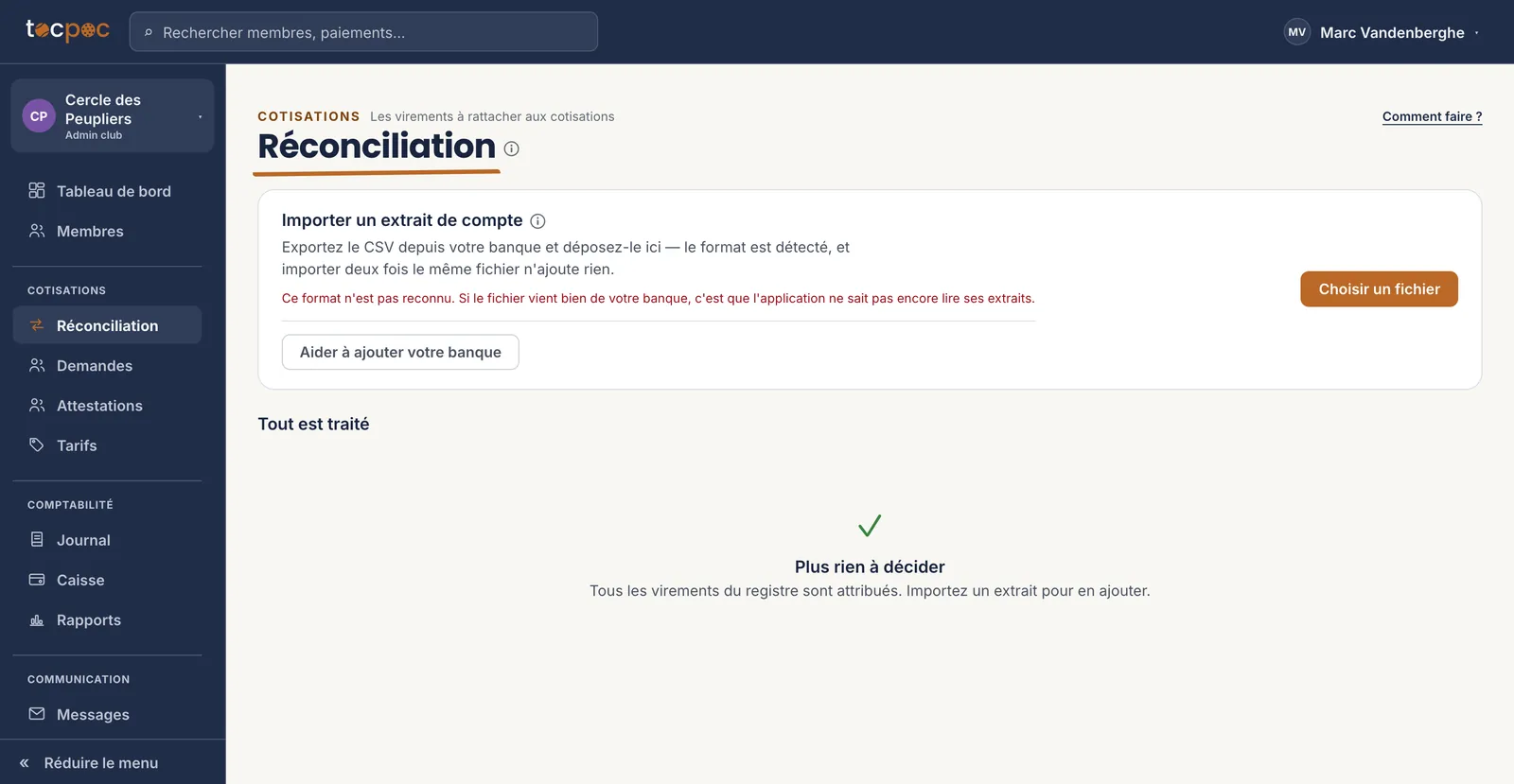 Le bloc d’import après le dépôt d’un fichier non reconnu&nbsp;: la phrase en rouge qui l’annonce, et le bouton «&nbsp;Aider à ajouter votre banque&nbsp;»
