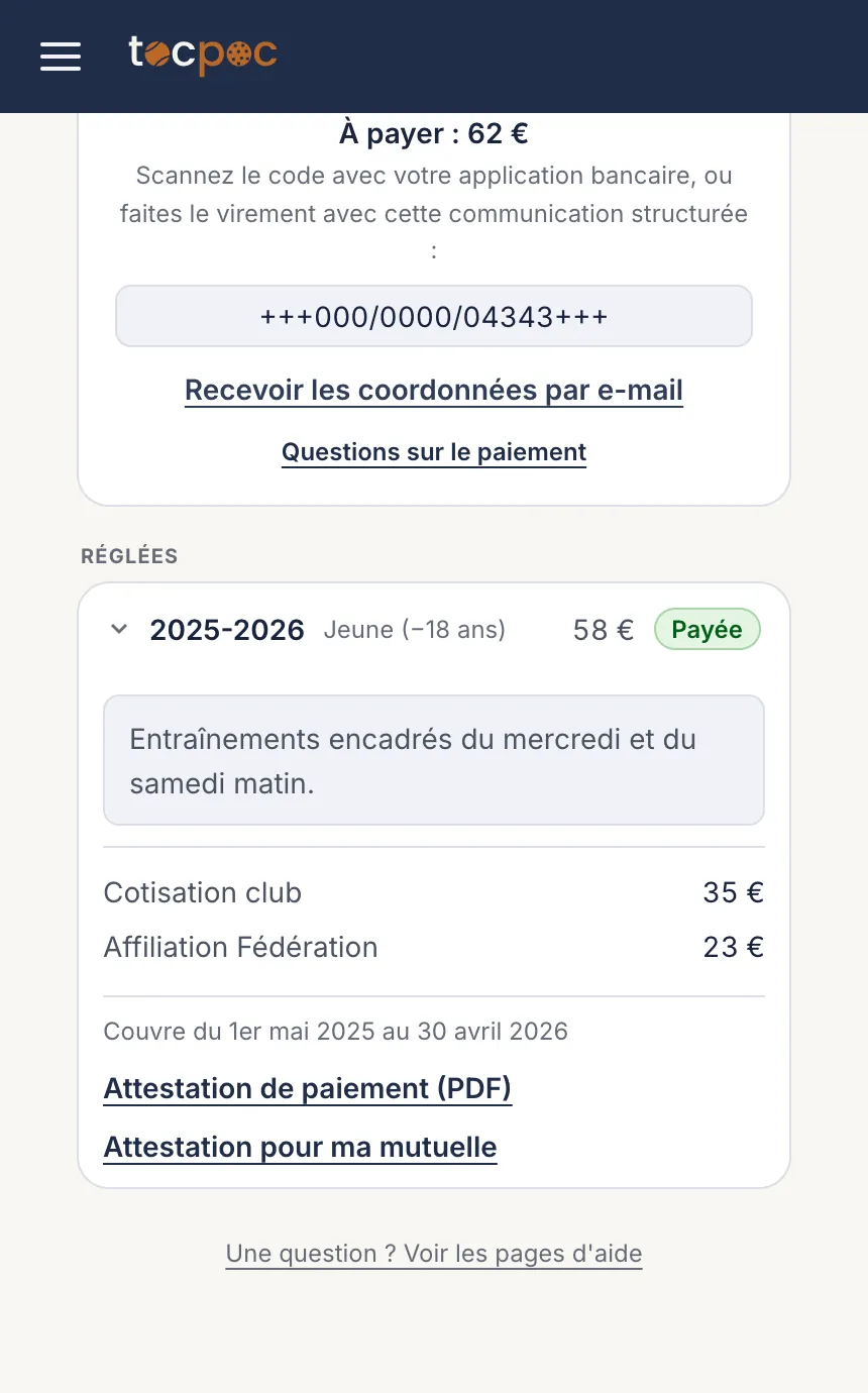 Le bas du bloc de paiement d’une cotisation à régler&nbsp;: le montant à payer, la communication structurée entre trois plus, et les liens pour recevoir les coordonnées par e-mail