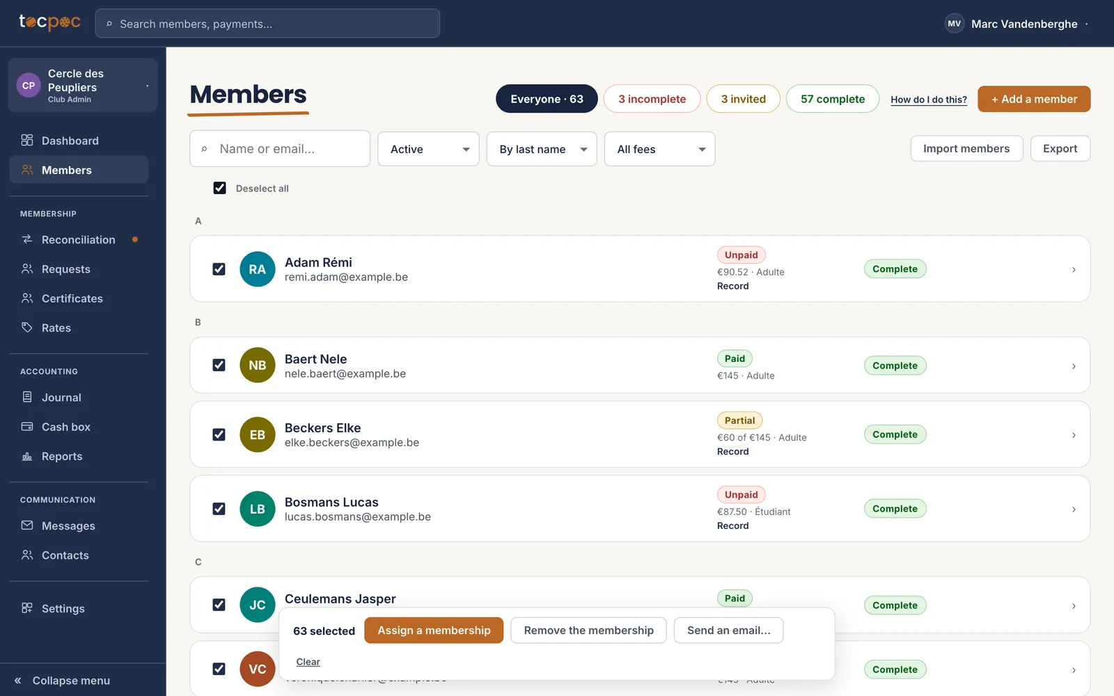The member list with every profile ticked, and the bottom bar announcing 63 selected with the Assign a membership button