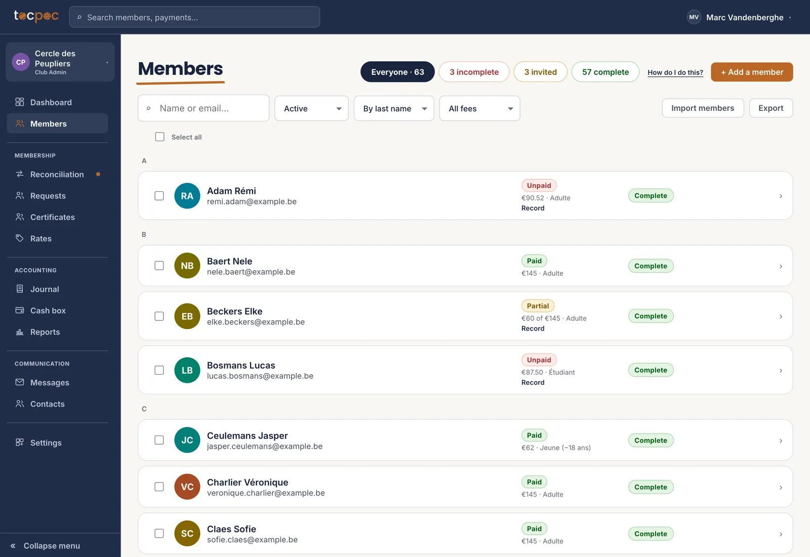 A club’s member list, with the counters at the top and the Import members button