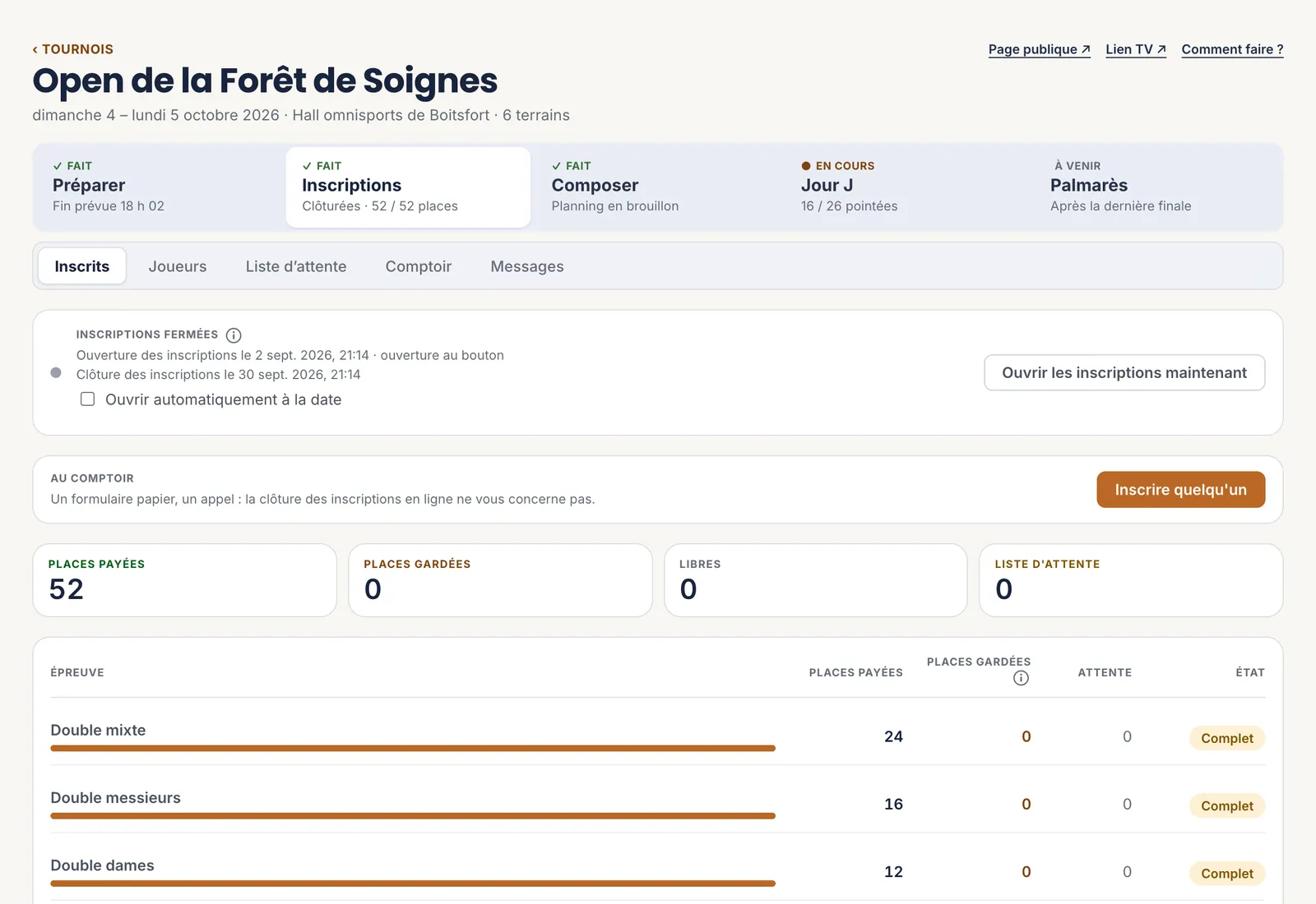 Les inscrits d’un tournoi&nbsp;: 52 places payées sur 52, trois épreuves complètes, et le bouton pour inscrire quelqu’un au comptoir