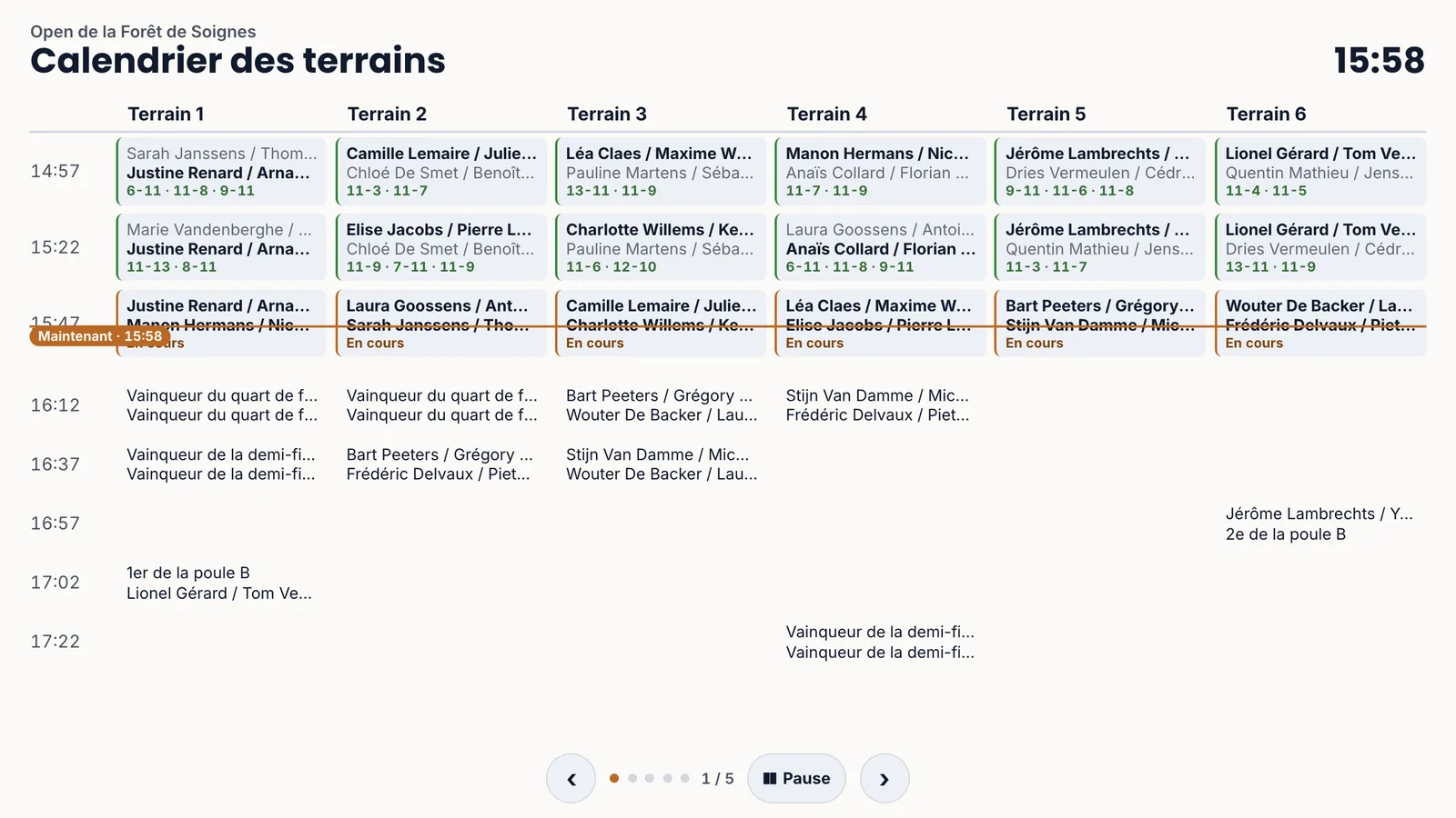 L’écran de la buvette pendant un tournoi&nbsp;: l’horaire des six terrains, les scores déjà joués, les matchs en cours et la ligne de l’heure